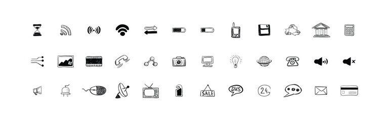 Collection of various electronic devices and office supplies in a simple line art style design icon set. Set of Hand Drawn Telephone and Smartphone Icon Collection. EPS, vector illustration.