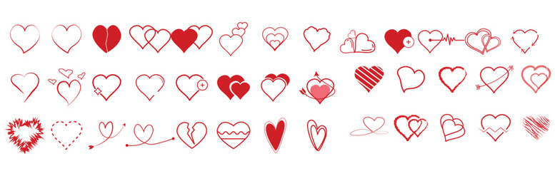 Doodle hearts sketch set. Red hearts symbol for Valentine's Day. Various different hand drawn heart icon love collection isolated on white background. Vibrant red line heart symbol drawn with crayons.