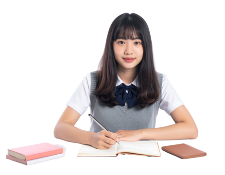 Asian woman in uniform writing in notebook, with books on a table against a black background