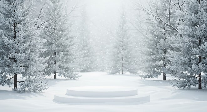 Snowy forest with frosted trees and a podium for product display