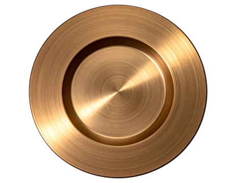 Circular, shiny copper plate with a raised center, showing radial patterns and highlighting light reflections