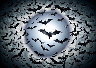 A swarm of bats flying around a large full moon on a dark spooky night