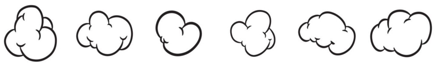 Set of clouds in hand drawn vintage retro style isolated on white background. Cartoon design elements. Art of hand drawn sketch cloud and arrow set, doodle scribble vector illustration.