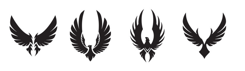Black Wings Silhouette Vector Set Simple and Intricate Feather or Scale Wings Ideal for Logo, Emblem, Badge, Art, Heraldry, and Symbolic Designs, vector illustration.