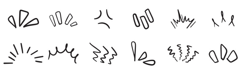 Set of line effect surprize shine burst hand drawn. Set of cute line doodle hand drawn icons in manga Japanese style. Comic motion, movement, magic, twinkle effect, vector illustration.