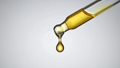 Close-up of a glass dropper dispensing a golden liquid droplet