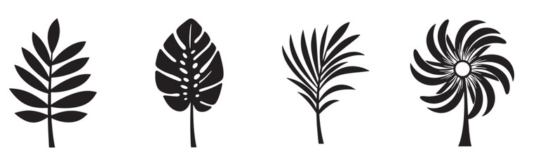 Four different leaf silhouettes arranged on a plain white background view. Four assorted tropical leaves in black and white line art style with different shapes and textures, vector illustration.