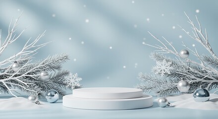 Elegant winter podium with frosted branches and silver ornaments, ideal for festive product showcases