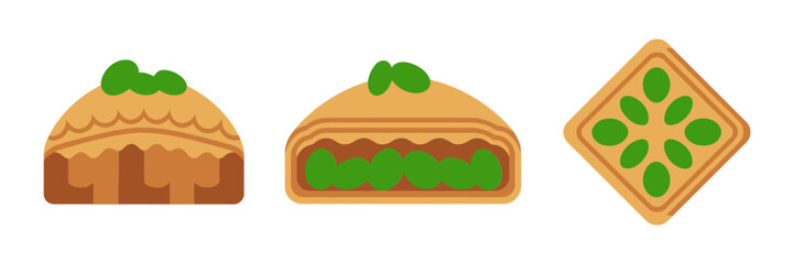 Savory pastry set, layered pie slice, herb filled snack, diamond cracker cookie, bakery icon pack, vector illustration