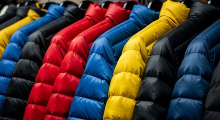 Row of colorful puffer jackets hanging on a rack, showcasing vibrant blue, red, yellow, and black colors