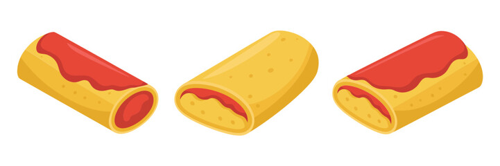 Baked enchilada rolls, cheese and sauce topping, filled tortilla wraps, mexican style meal, appetizing lunch icons, vector
