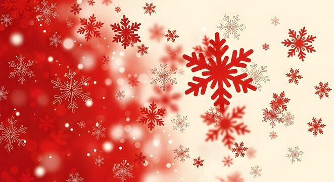Festive red snowflakes falling on a soft cream background