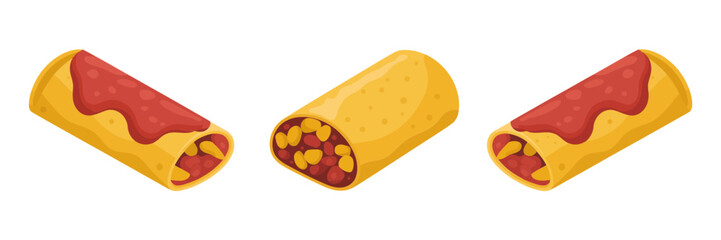 Tortilla wrap collection, baked rolls with sauce, open end view, hearty filling, family dinner concept, savory kitchen vector