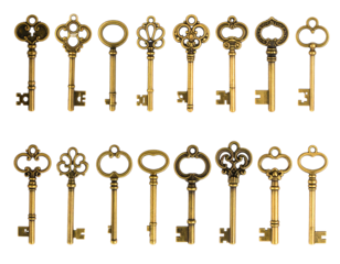 Collection of antique keys arranged in two rows on a black background, golden color, decorative