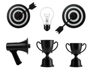 Collection of black bullseyes, awards, a lightbulb, and a megaphone against a black background