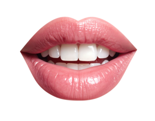 Close-up of pink lips and white teeth, set against a black background, showing a smiling or open mouth