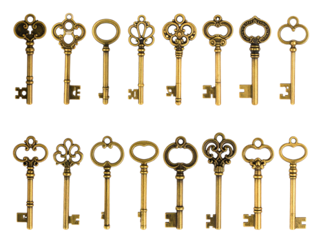 Collection of antique keys arranged in two rows on a black background, golden color, decorative