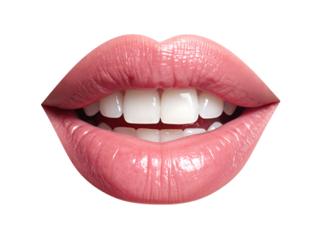 Close-up of pink lips and white teeth, set against a black background, showing a smiling or open mouth