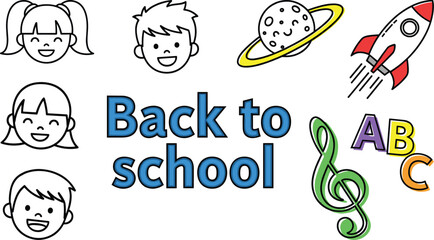 A black and white line drawing vector illustration with colored accents on a white background features various icons related to education and space, centered around the phrase 