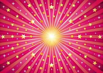 Bright yellow starburst radiating from the center with scattered gold stars and dots on a pink background
