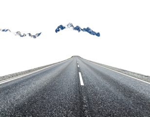 Asphalt road stretches forward to vanishing point under black sky with mountain shaped clouds floating ahead