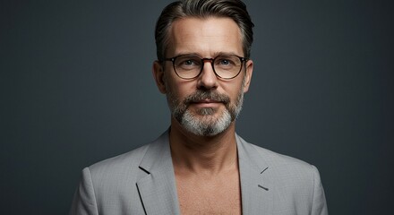 Portrait of a distinguished man with glasses and a light gray suit, radiating confidence and poise against a gray backdrop.