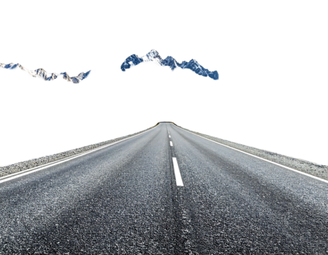 Asphalt road stretches forward to vanishing point under black sky with mountain shaped clouds floating ahead