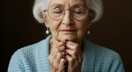 Elderly woman praying, wearing glasses, pearl earrings, and a blue sweater, with a rosary in her hands, eyes closed in contemplation.