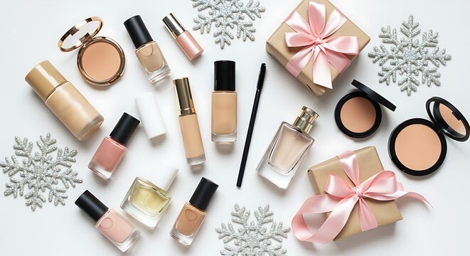 Assortment of makeup and skincare products with gift boxes and snowflakes isolated on white background
