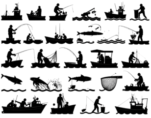 Collection of dark, abstract shapes vaguely resembling boats or vessels, arranged in a grid pattern on a black backdrop