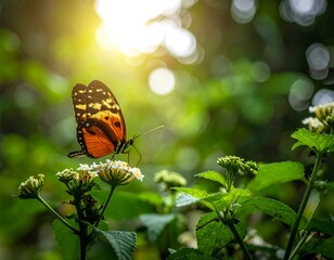 Butterfly, vibrant wings, perches on white flowers in sunlight