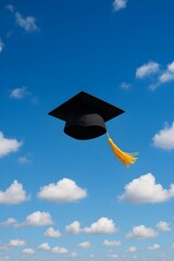 Graduation cap flying in the sky celebrating success