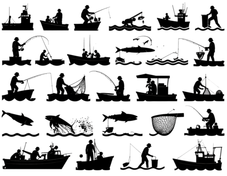 Collection of dark, abstract shapes vaguely resembling boats or vessels, arranged in a grid pattern on a black backdrop