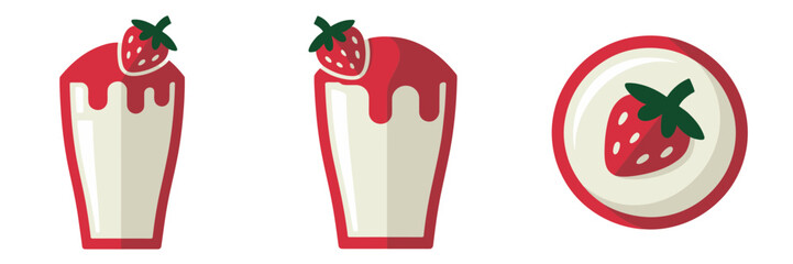 Strawberry dessert cups, creamy layered parfait glass, fresh berry garnish, sweet sauce plate, cafe menu vector illustration