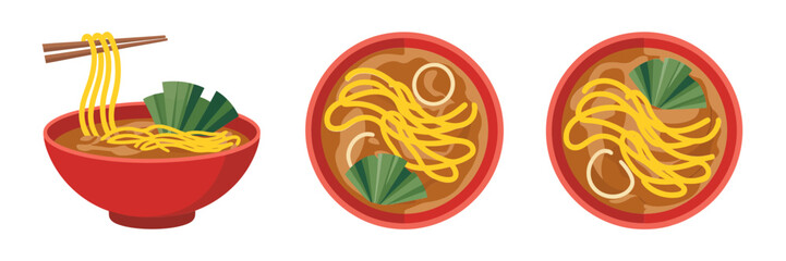 Noodle bowl trio, chopsticks lifting noodles, top view bowls, Asian street food icons, restaurant menu vector, isolated