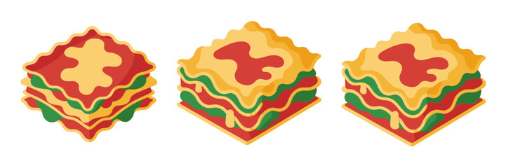 Layered lasagna squares with sauce swirls, pasta stack icons, homemade Italian meal clipart, delicious food vector, isolated