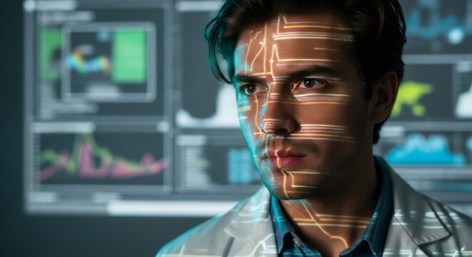 Caucasian man with data projection on his face, representing AI research, data analytics, or futuristic technology and scientific discovery.