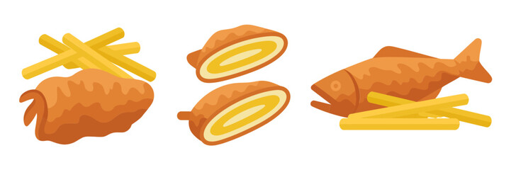 Fried seafood platter with crispy fish, stuffed shells, lemon garnish, golden batter texture, comfort food graphic, menu vector