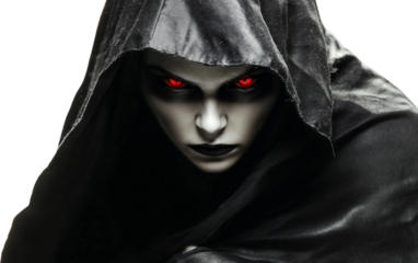 Menacing vampire character draped in a black cloak featuring glowing eyes and gothic atmosphere isolated on transparent background PNG