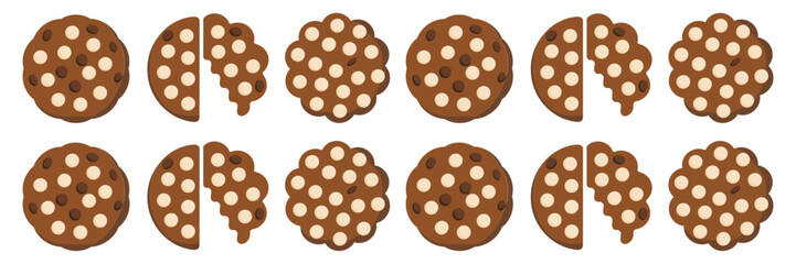 Assorted chocolate cookies set, whole and bitten pieces, crunchy dotted chips, dessert collection, sweet bakery clipart vector