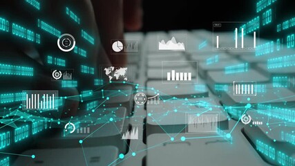 This image features an abstract overlay of data visualization elements on a keyboard, combining technology and analytics in a modern work environment. Xenic - Powered by Adobe