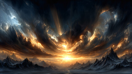 Epic storm clouds over mountain range at sunrise