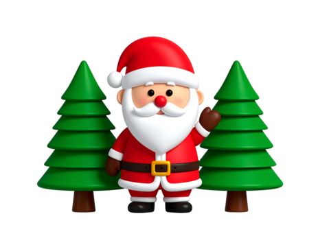 Cute 3D Santa Claus figure stands between two green Christmas trees on a black background, waving his hand