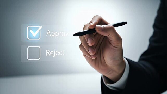 Hand in Dark Suit Approving Digital Checkbox with Glowing Blue Light on Transparent Interface Against White Background
