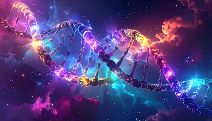 Digital illustration of a luminous DNA strand in a cosmic nebula