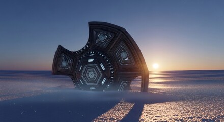 Alien artifact structure with glowing patterns in a vast snowy landscape at sunset. Mystical ancient technology for science fiction and conspiracy concept.