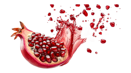 Pomegranate with juice splash and seeds isolated on a transparent white background, clipping path