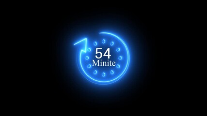 Blue neon glowing clock icon showing 54 minutes countdown on black background time - Powered by Adobe