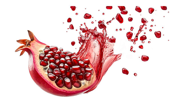 Pomegranate with juice splash and seeds isolated on a transparent white background, clipping path