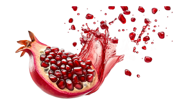 Pomegranate with juice splash and seeds isolated on a transparent white background, clipping path